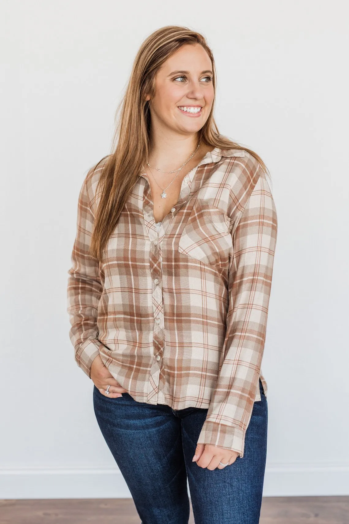 A Season To Behold Button Down Plaid Top- Oatmeal, Taupe & Mocha