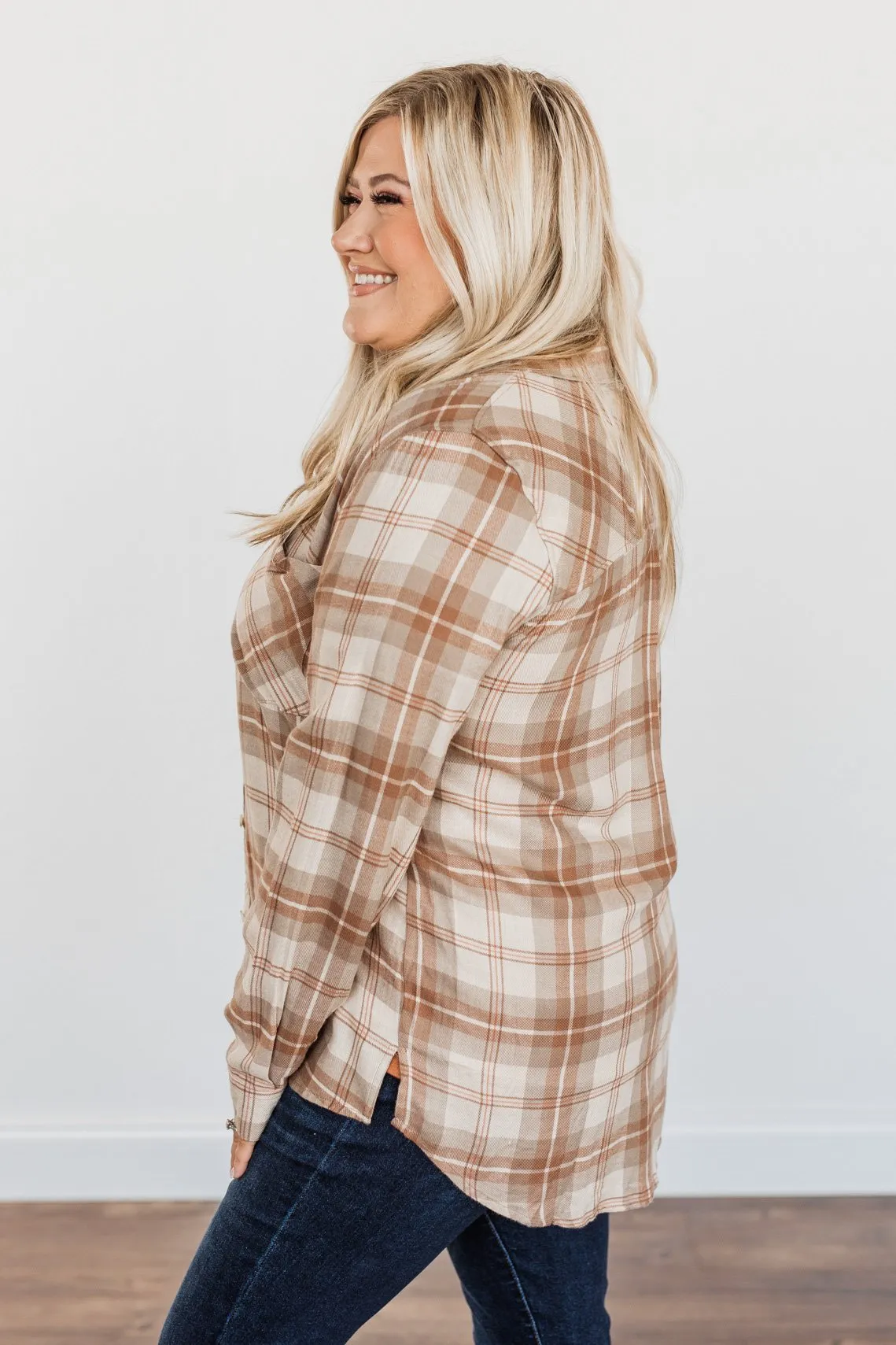 A Season To Behold Button Down Plaid Top- Oatmeal, Taupe & Mocha