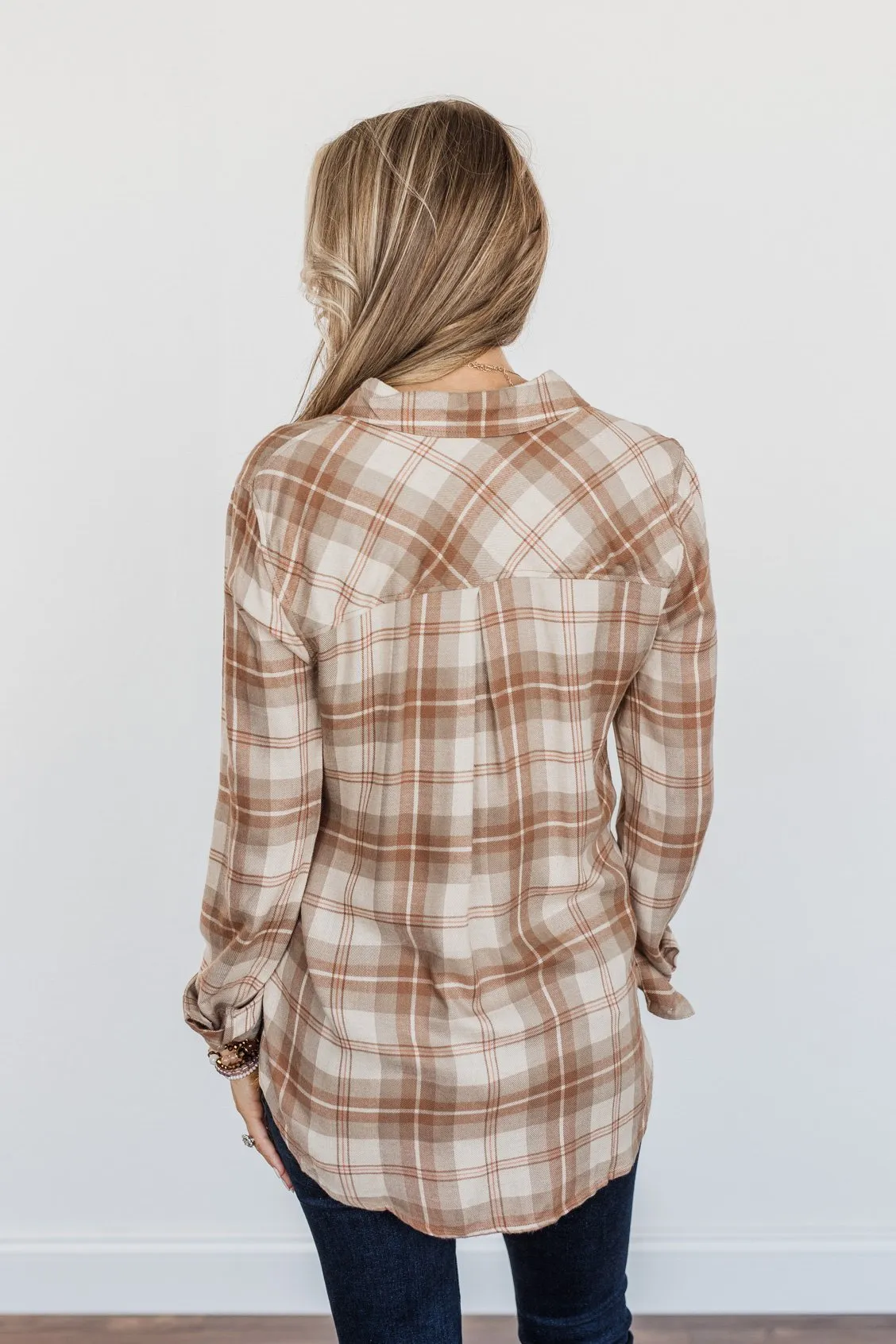 A Season To Behold Button Down Plaid Top- Oatmeal, Taupe & Mocha