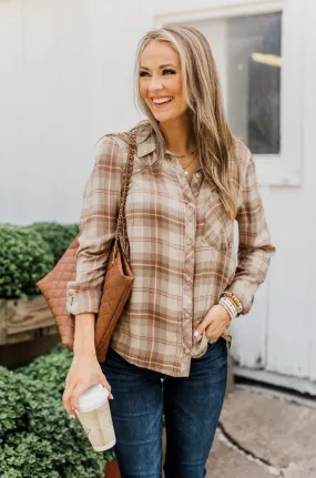 A Season To Behold Button Down Plaid Top- Oatmeal, Taupe & Mocha