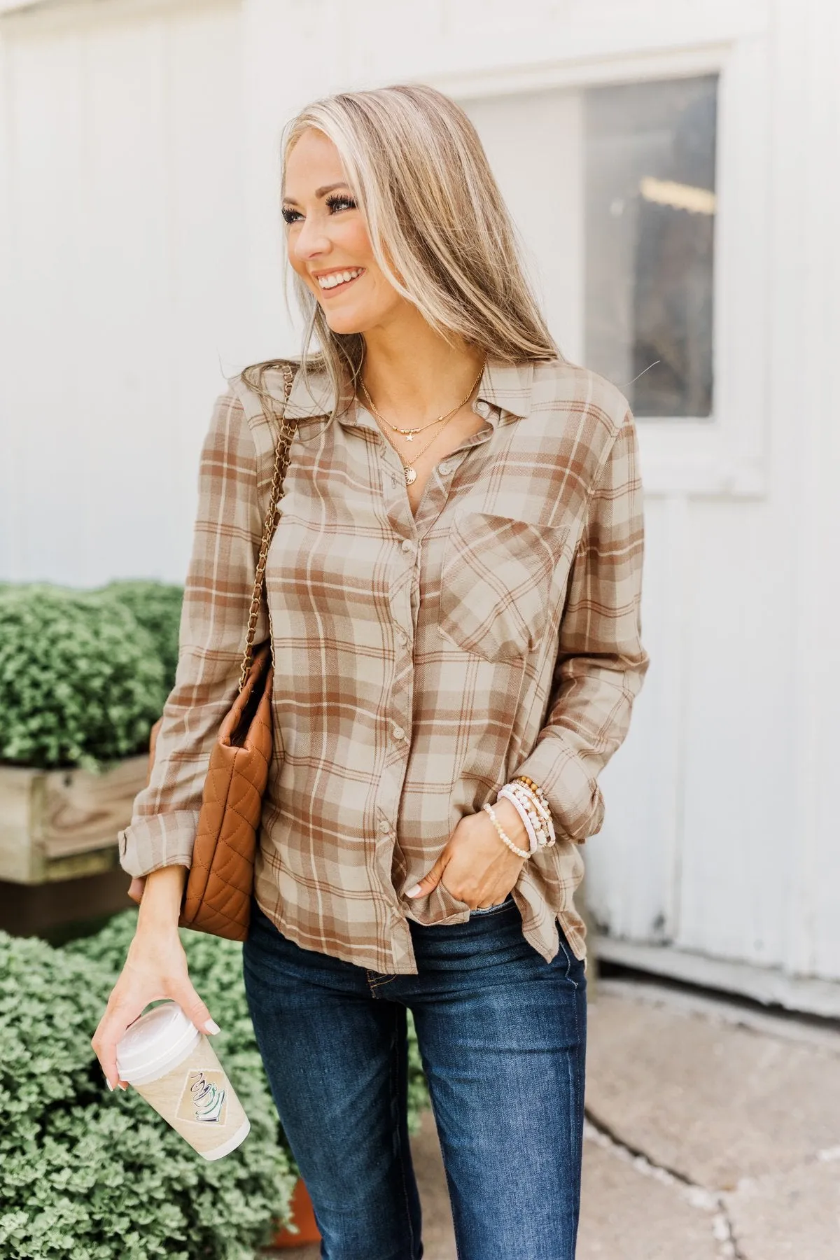 A Season To Behold Button Down Plaid Top- Oatmeal, Taupe & Mocha