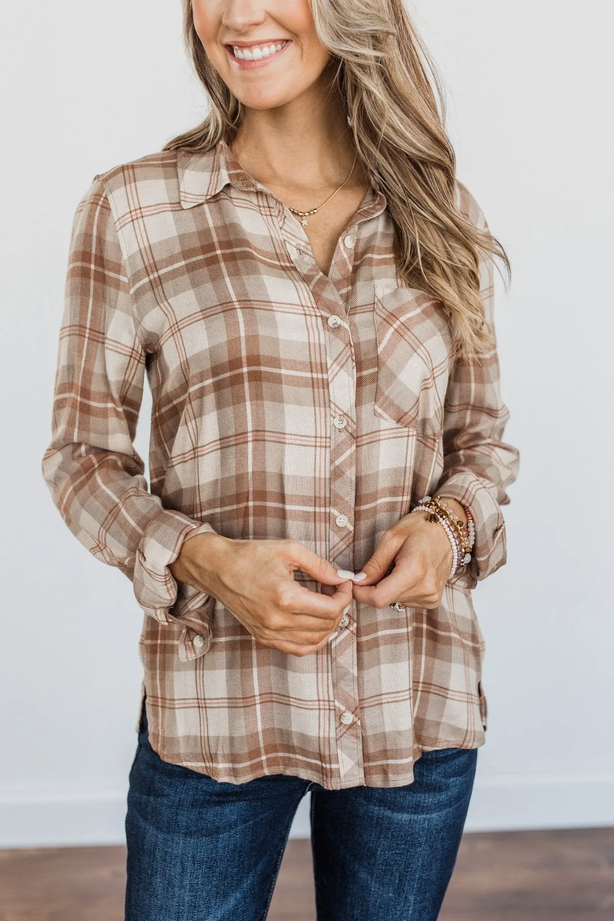 A Season To Behold Button Down Plaid Top- Oatmeal, Taupe & Mocha