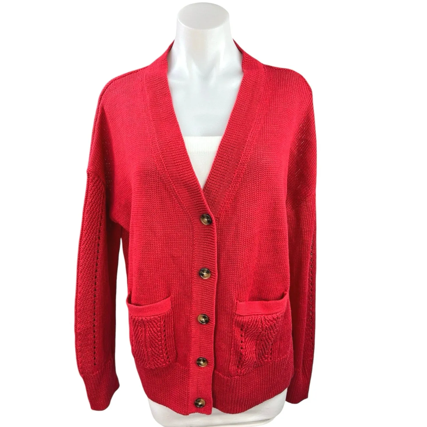 Argent Red Knit Pocket Oversized Cozy Button Down Cardigan Sweater Top Size S