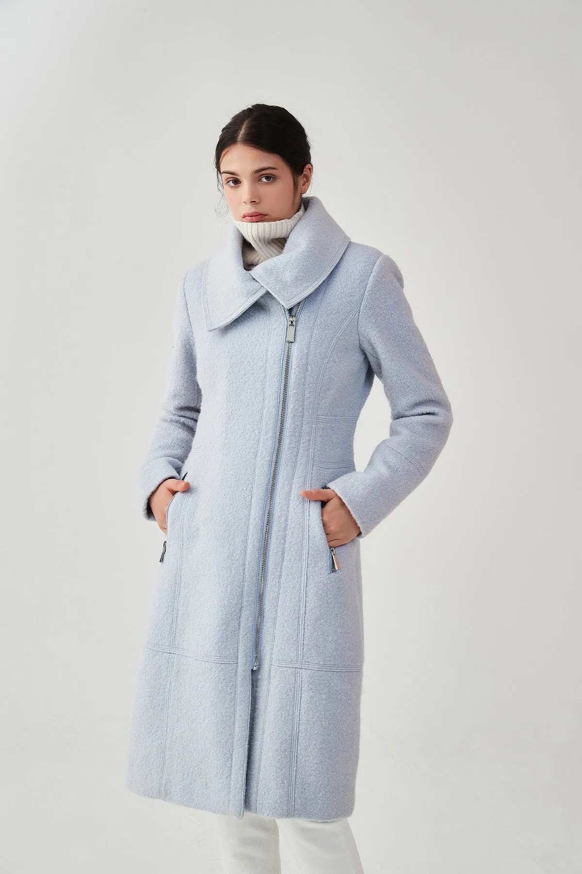 Asymmetrical Lapel Zip Up Long Wool Coat