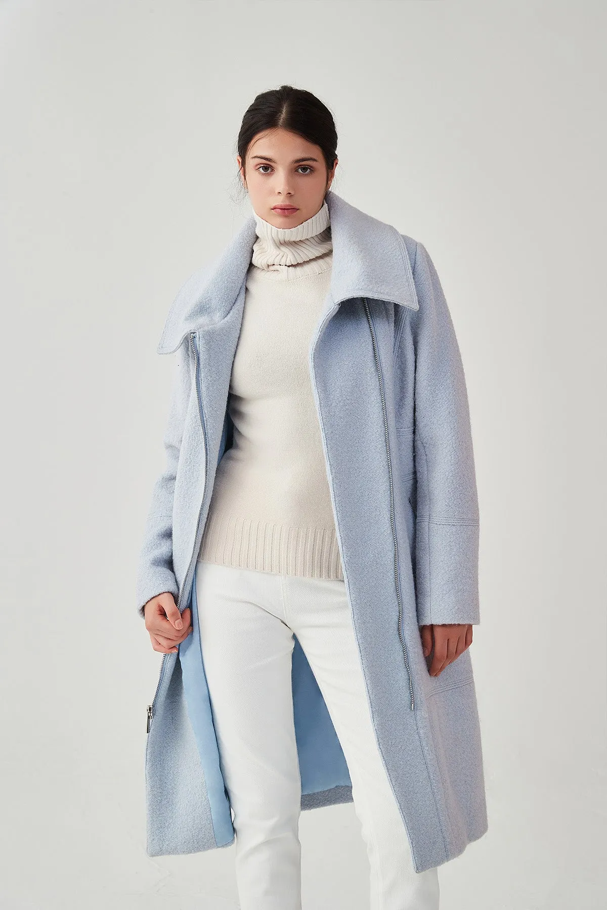 Asymmetrical Lapel Zip Up Long Wool Coat