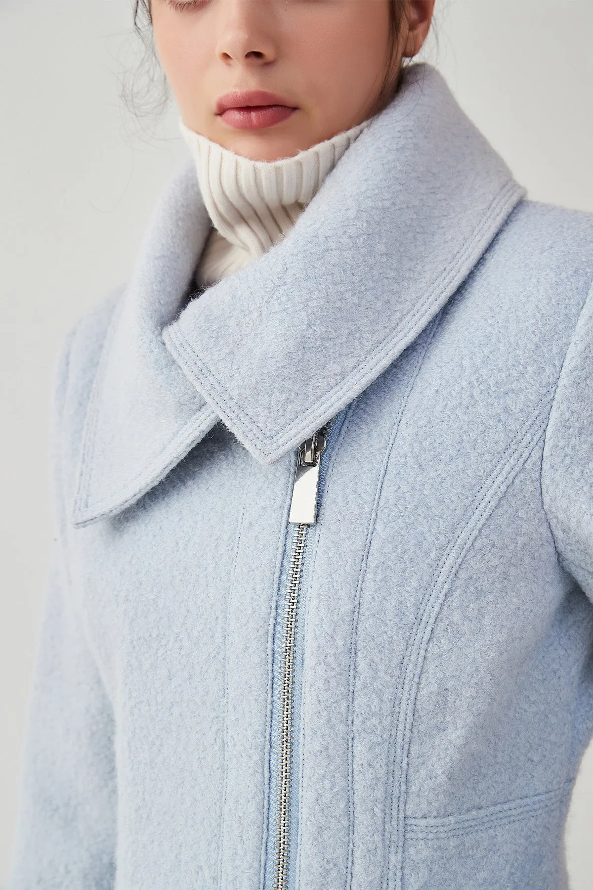 Asymmetrical Lapel Zip Up Long Wool Coat