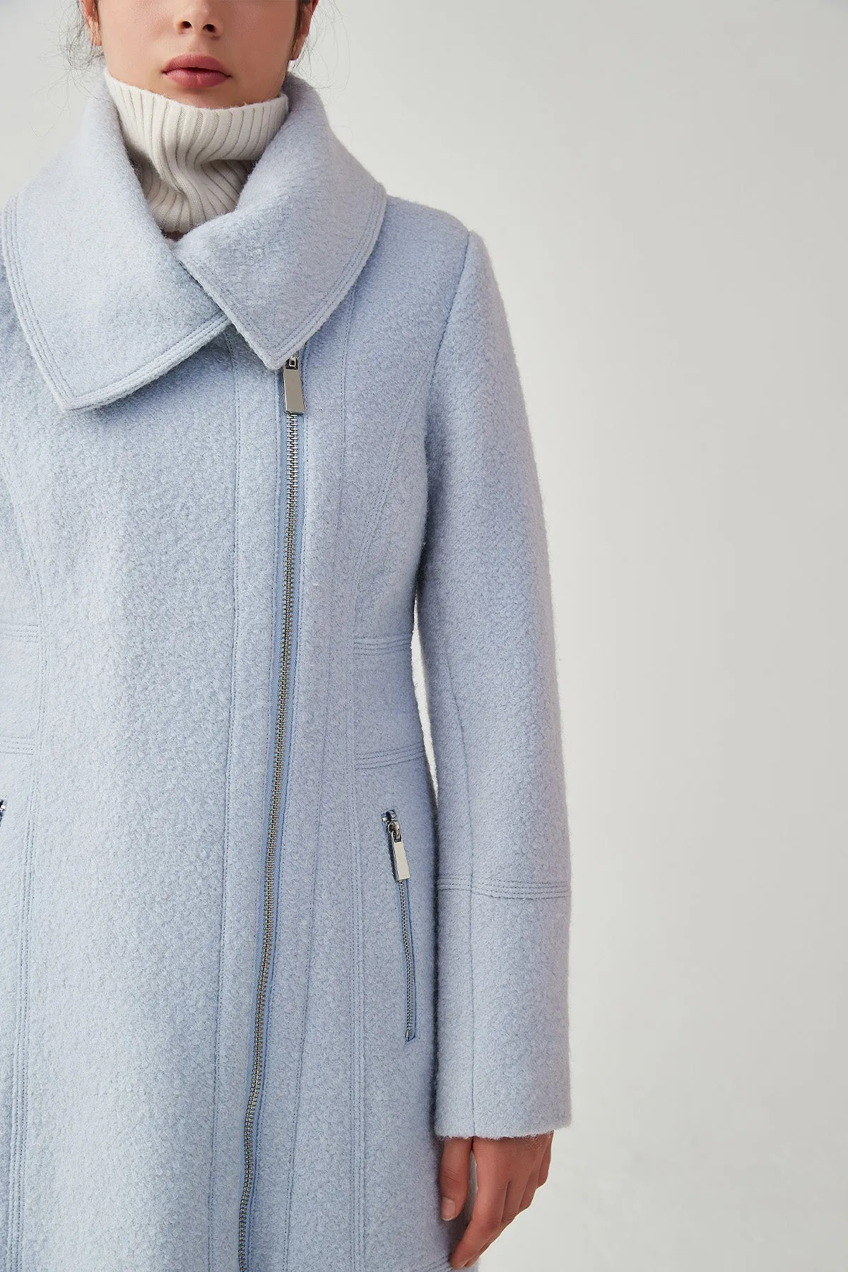 Asymmetrical Lapel Zip Up Long Wool Coat