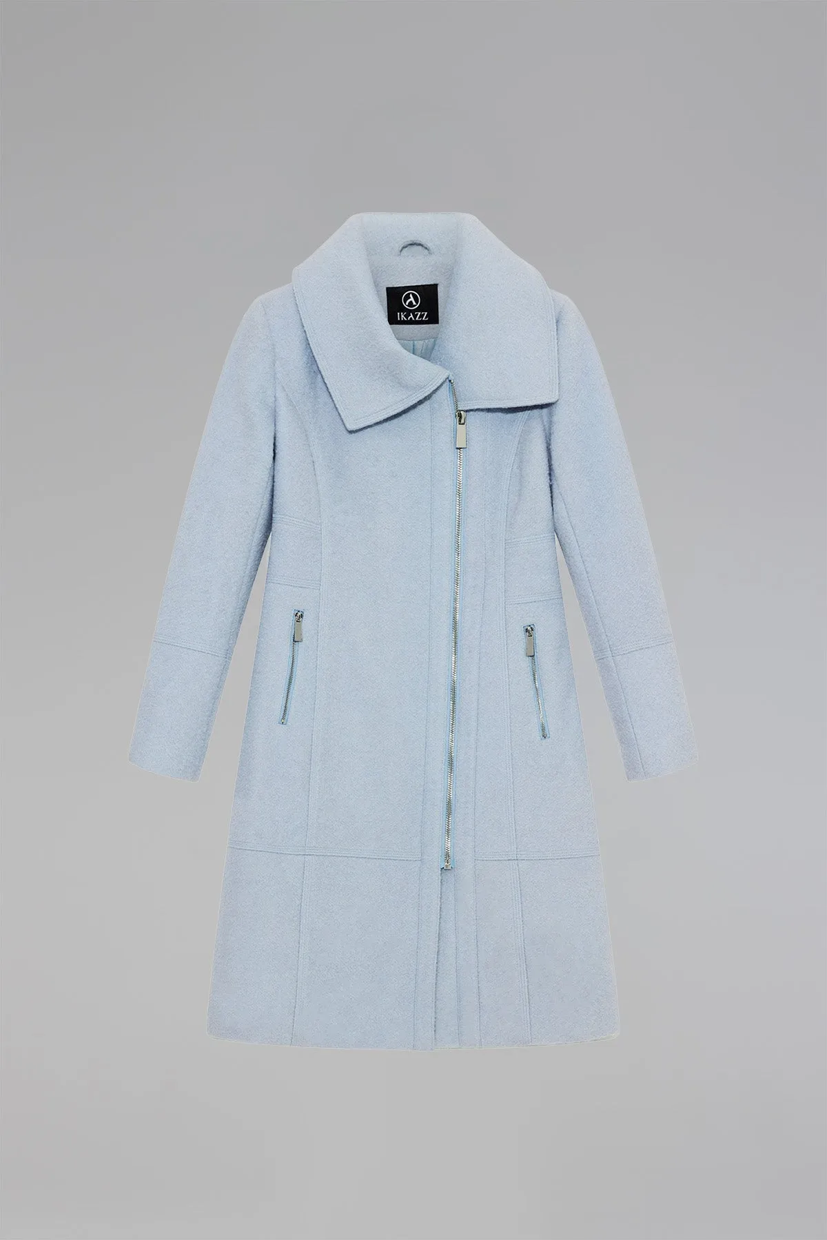 Asymmetrical Lapel Zip Up Long Wool Coat