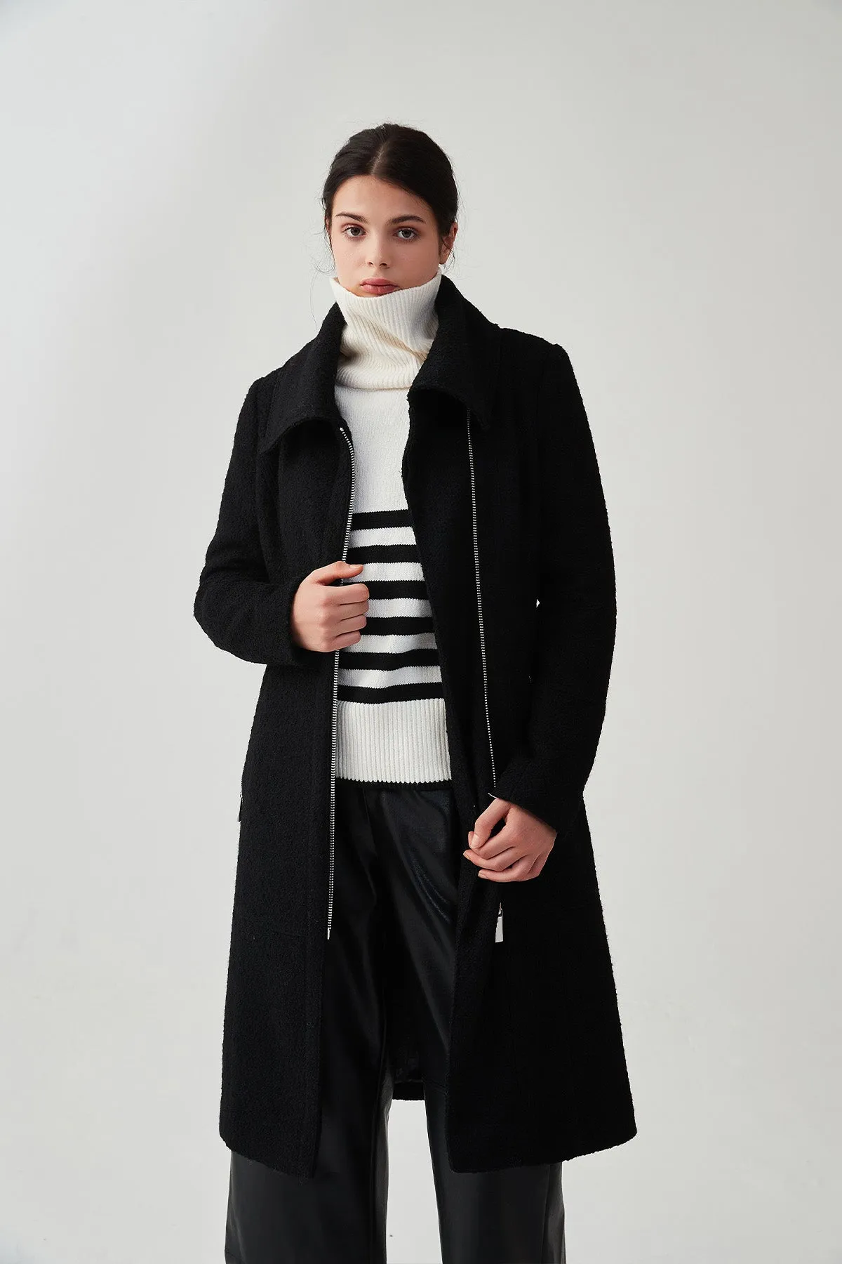 Asymmetrical Lapel Zip Up Long Wool Coat