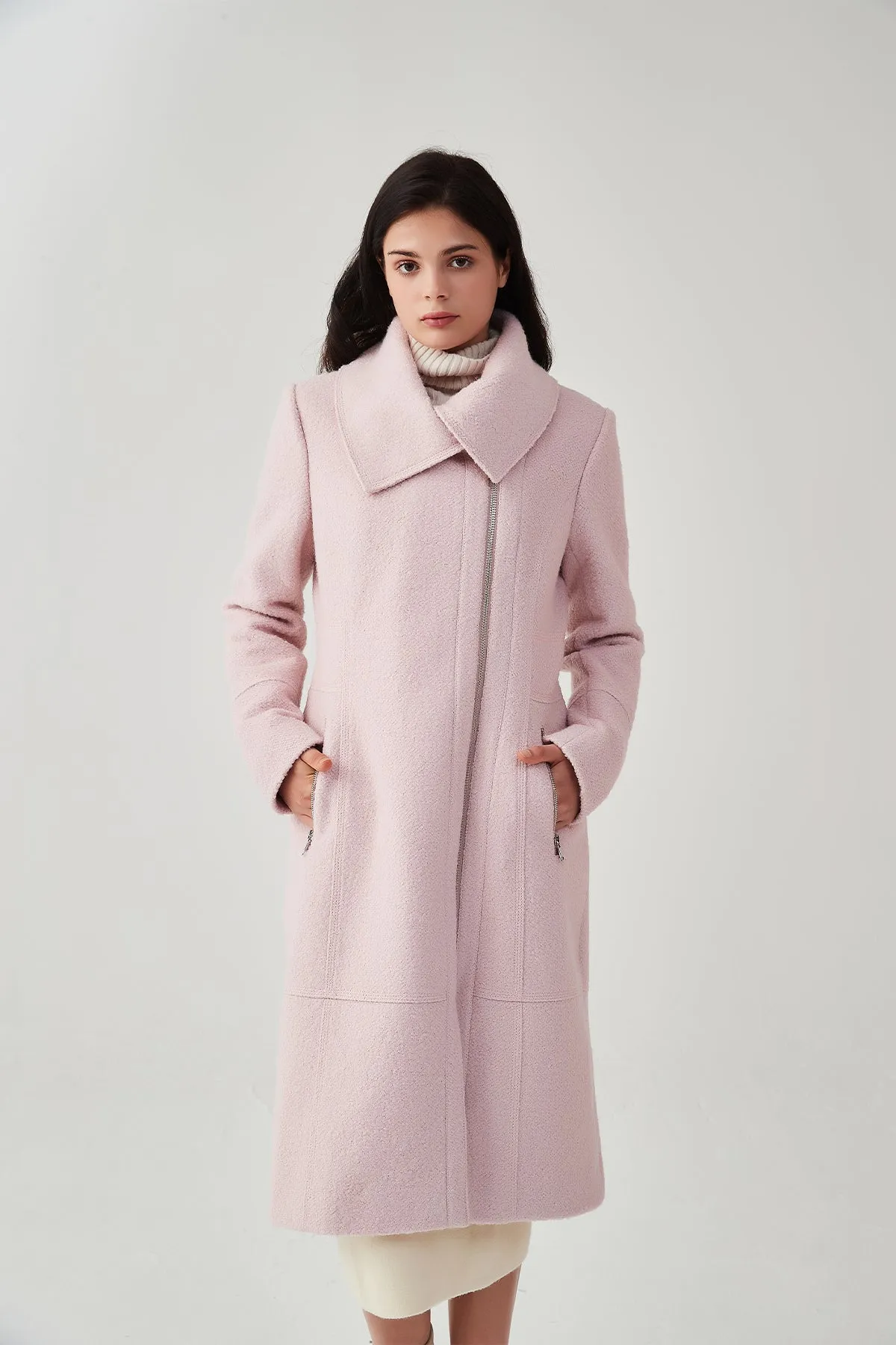 Asymmetrical Lapel Zip Up Long Wool Coat