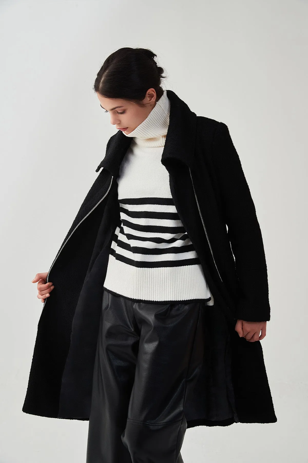 Asymmetrical Lapel Zip Up Long Wool Coat