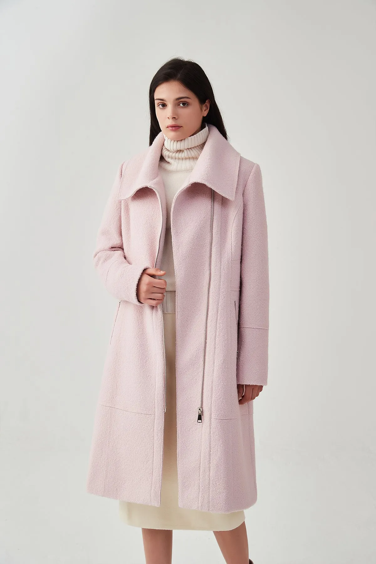 Asymmetrical Lapel Zip Up Long Wool Coat