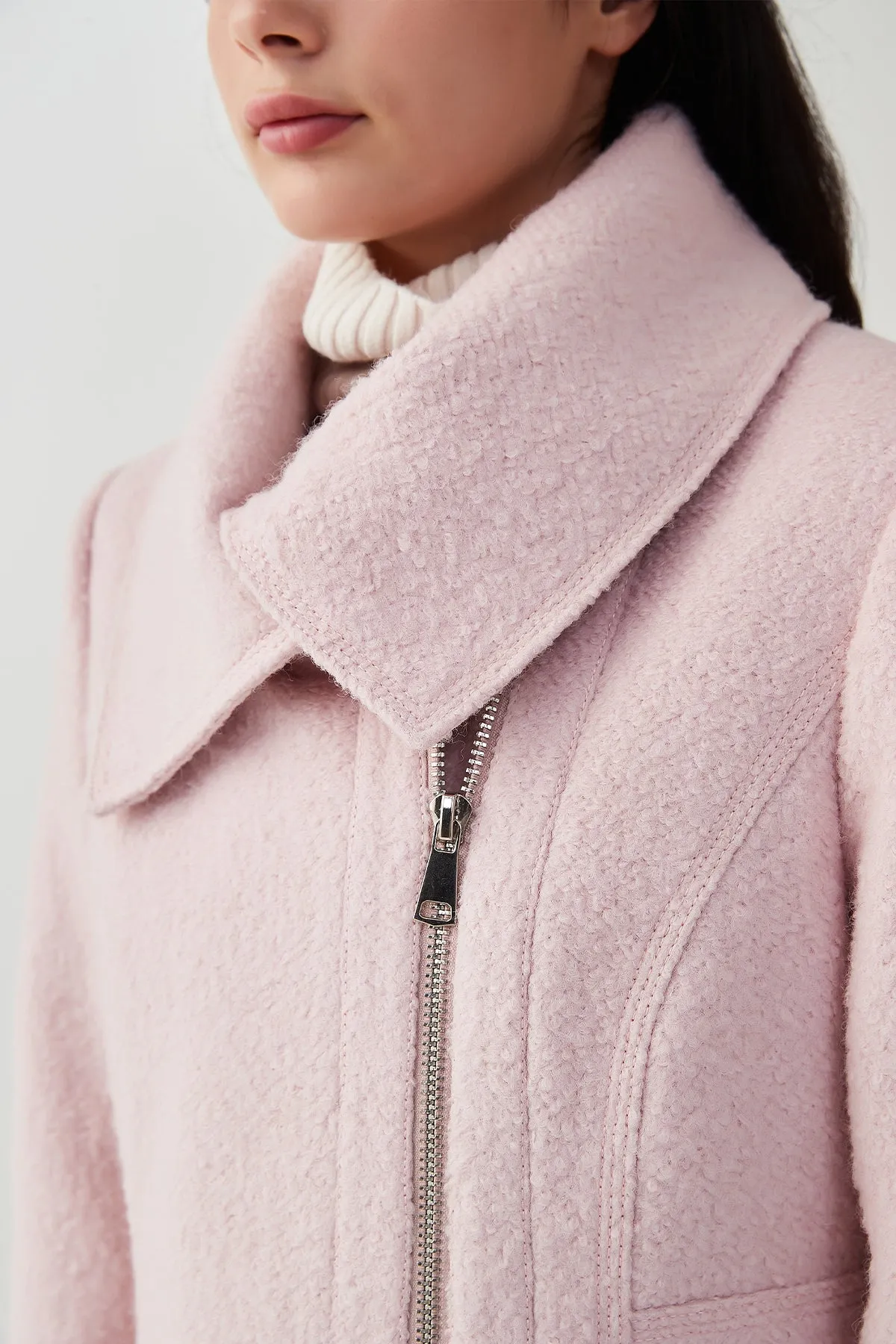 Asymmetrical Lapel Zip Up Long Wool Coat