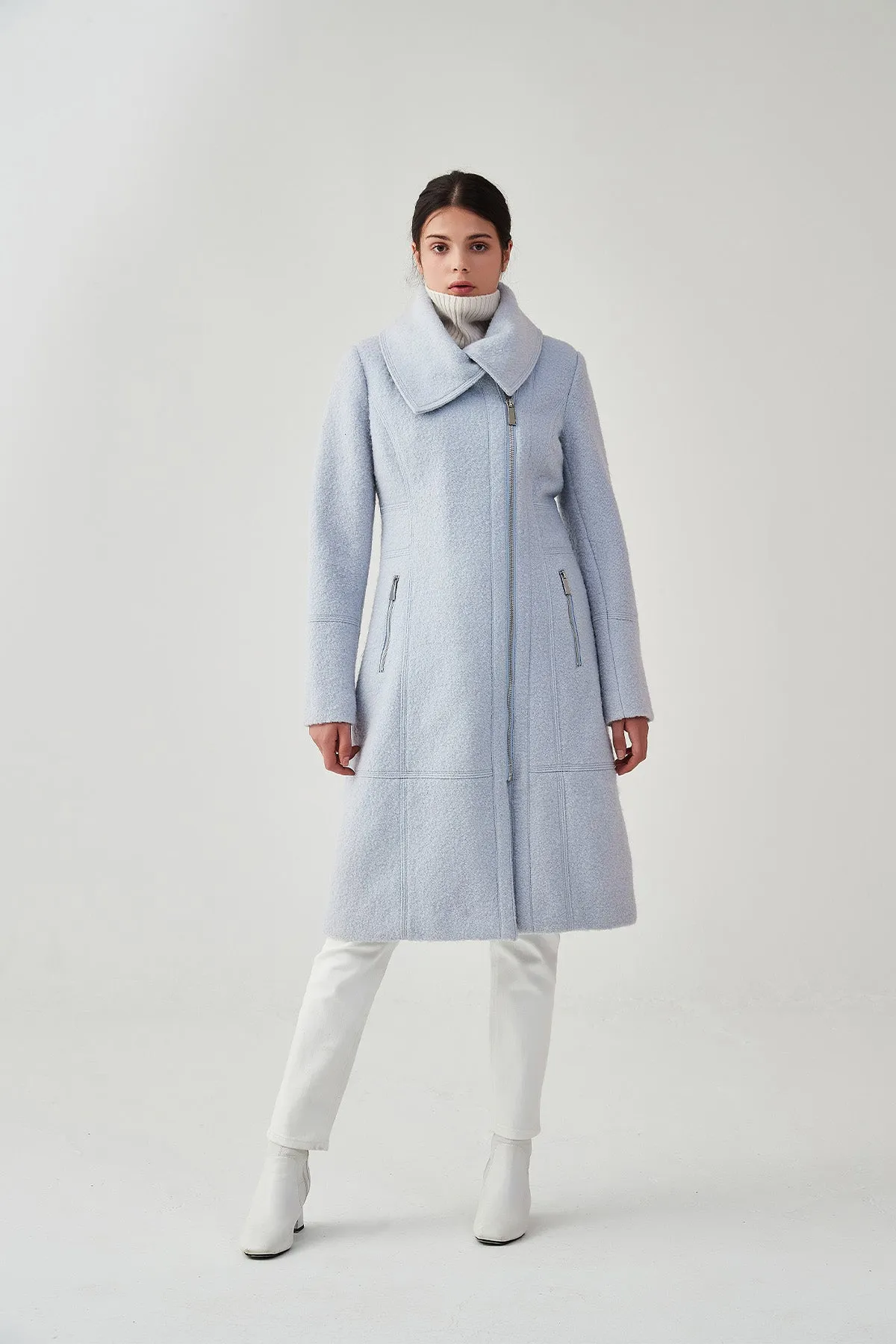 Asymmetrical Lapel Zip Up Long Wool Coat