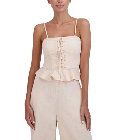 Bcbgmaxazria Womens Linen Blend Corset Seamed Peplum Top