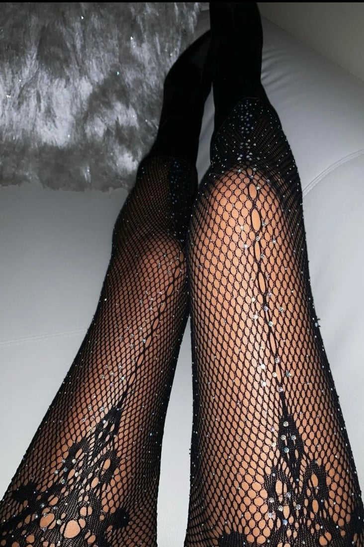 Black Rhinestone Lace Diamond Tights