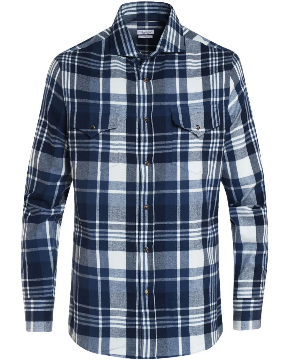 Blue and White Cotton Plaid Sportshirt