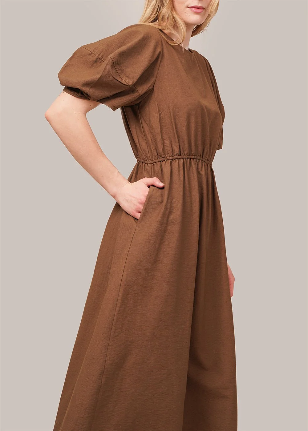 Brown Balloon Sleeve Midi Dress