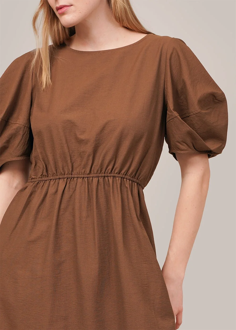 Brown Balloon Sleeve Midi Dress