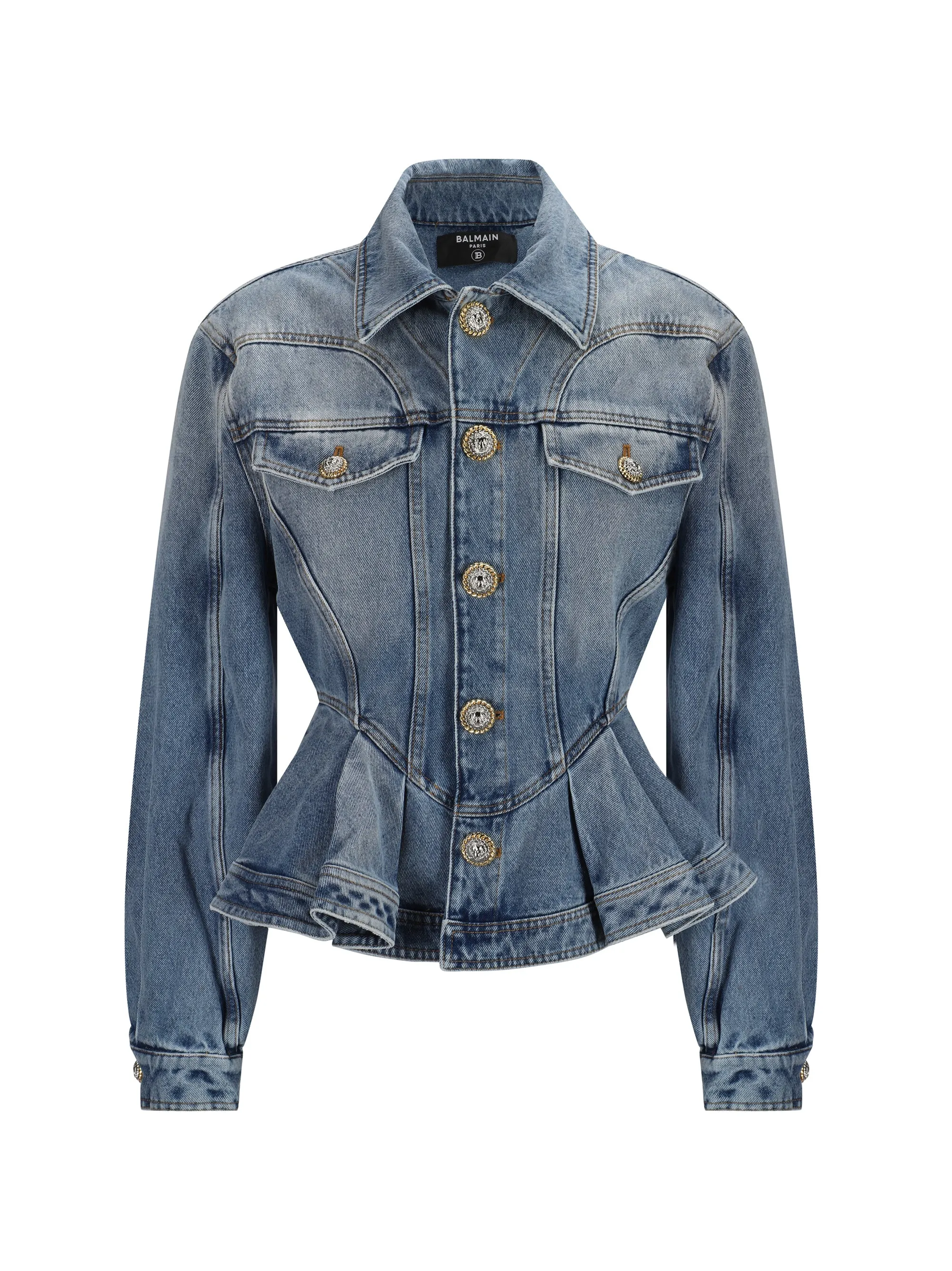 BUTTONED LIGHT BLUE RUFFLED DENIM JACKET