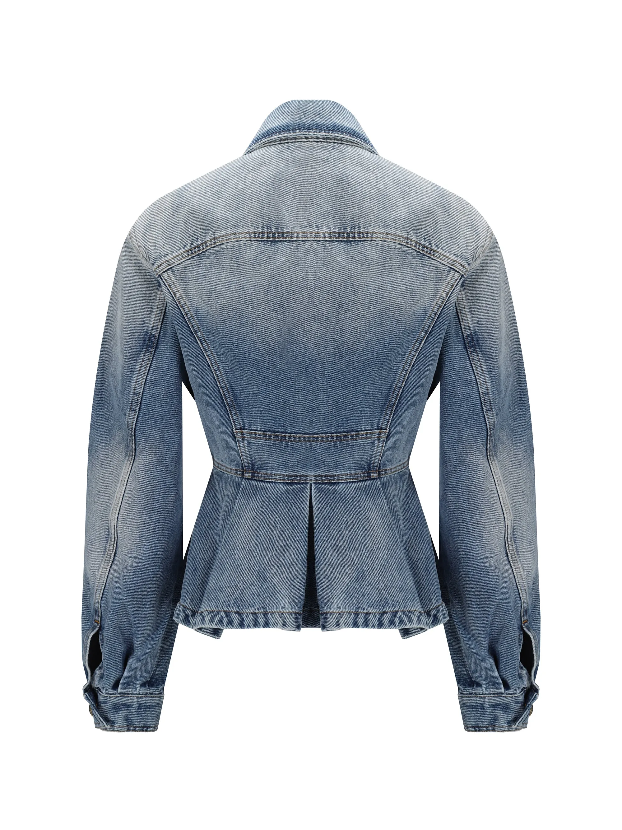 BUTTONED LIGHT BLUE RUFFLED DENIM JACKET