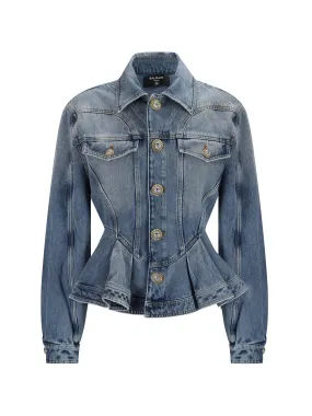 BUTTONED LIGHT BLUE RUFFLED DENIM JACKET