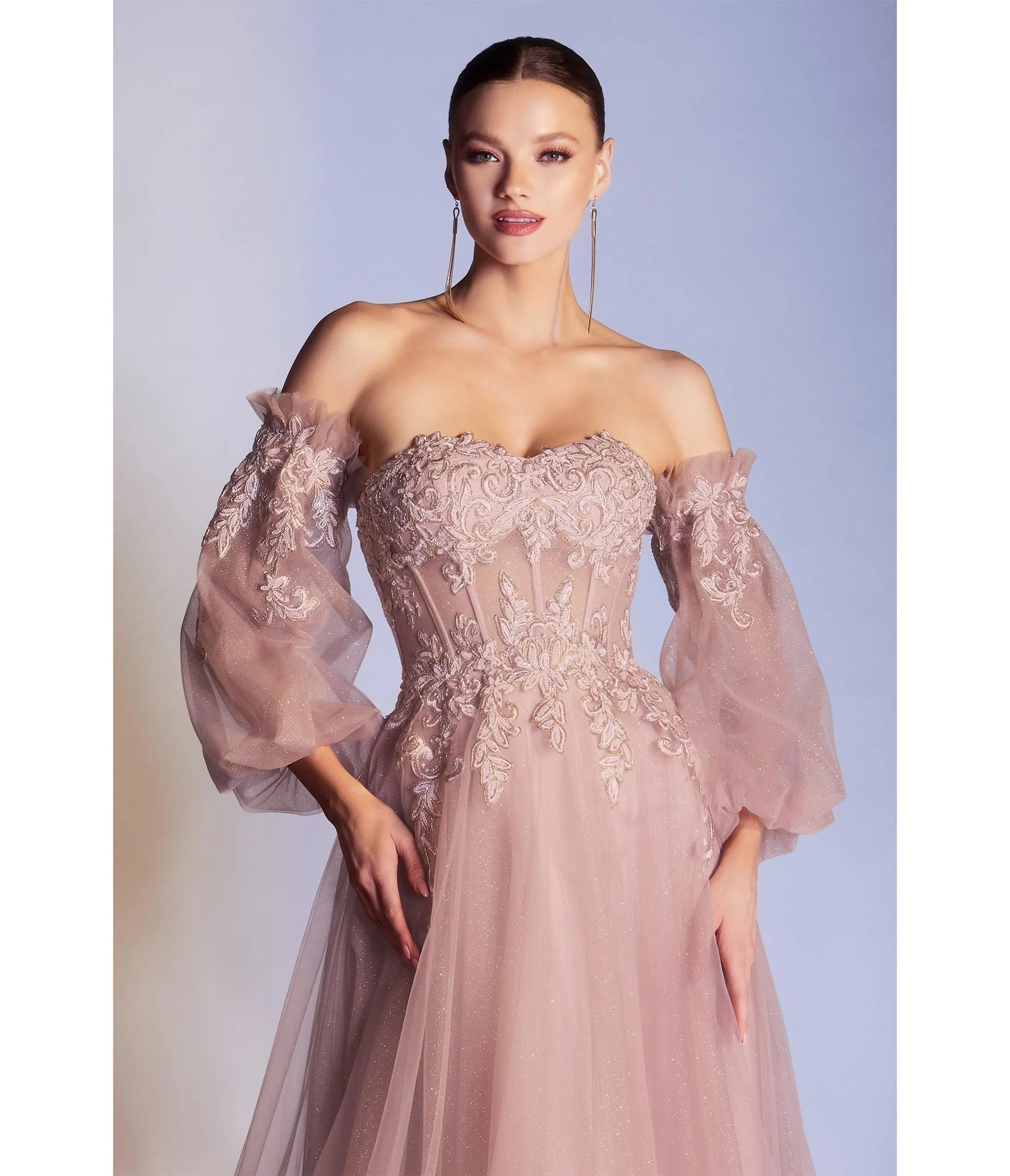 Cinderella Divine  Dusty Rose Glitter Off The Shoulder Corset Prom Gown