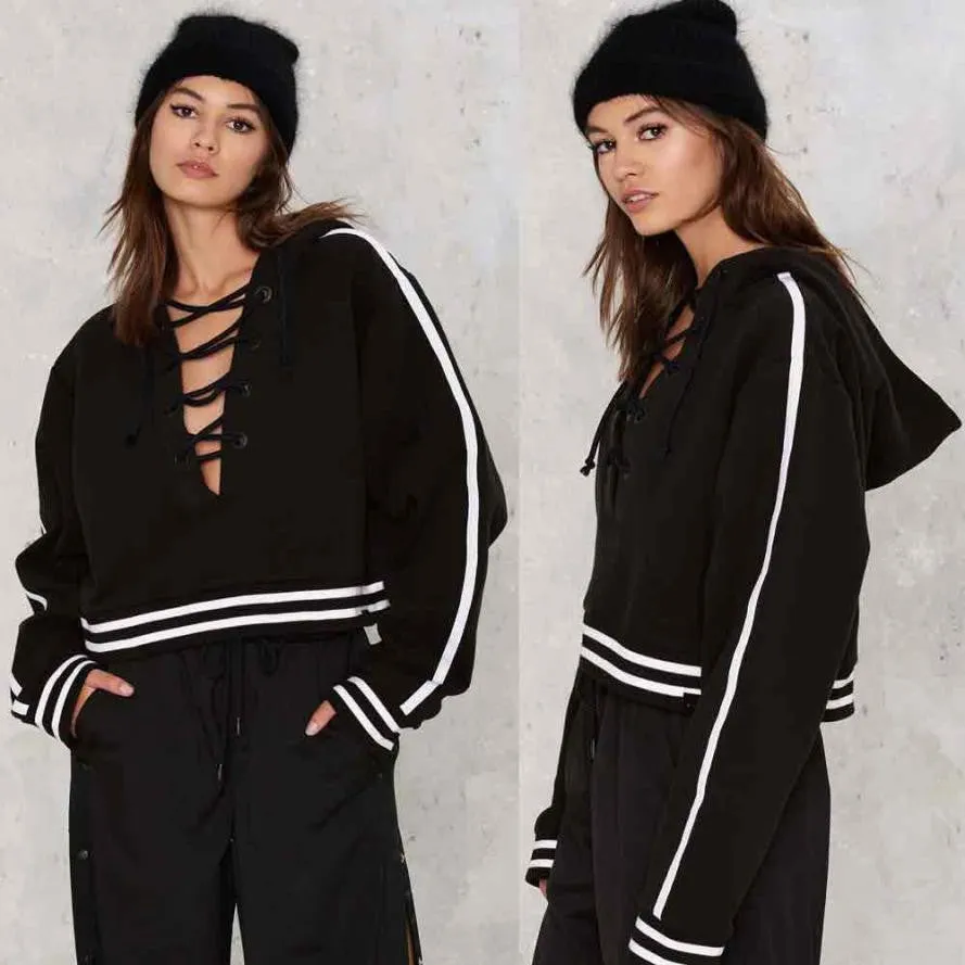 Cropped Women Hoodies Sweatshirts Solid Lacing Up Women Casual Pullovers Tops Jumper Basic Sueter Feminino#A113 SM6