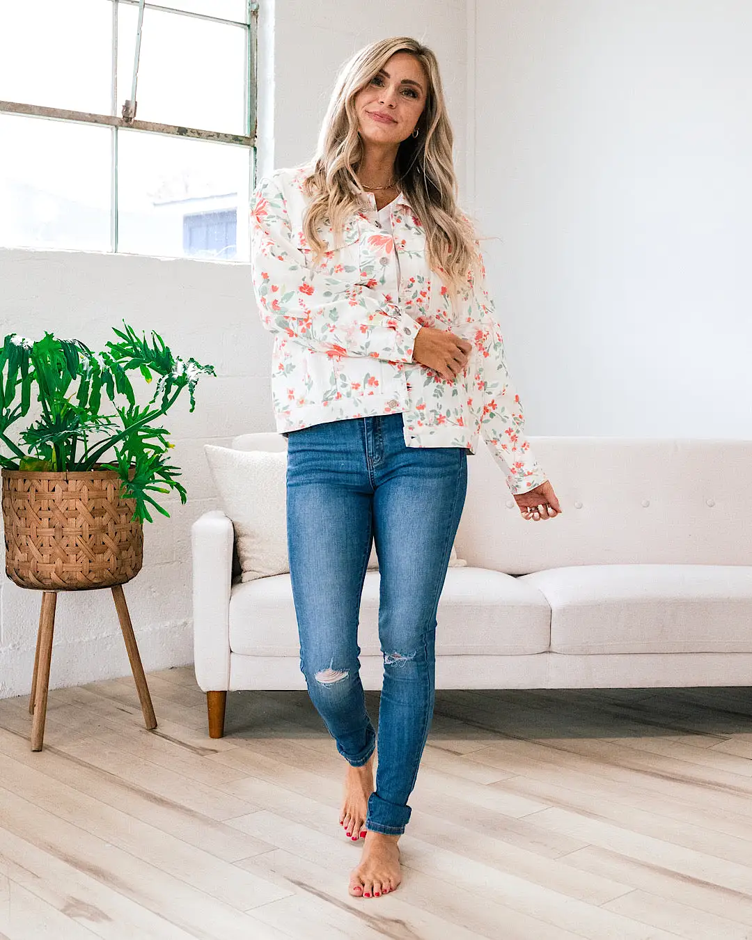 Daniela Ivory Denim Jacket with Coral Floral Print