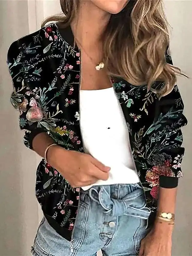 Elegant Floral Pattern Women's Bomber Jacket for Stylish Outdoor Comfort