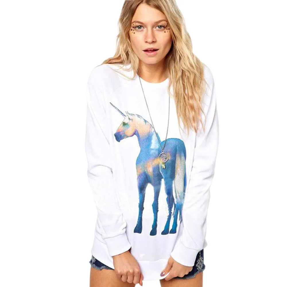 Feida Women Horse Pattern Print Loose Sweatshirt O- neck Pullover Shirt Tops Europe Style Plus Size S-XL