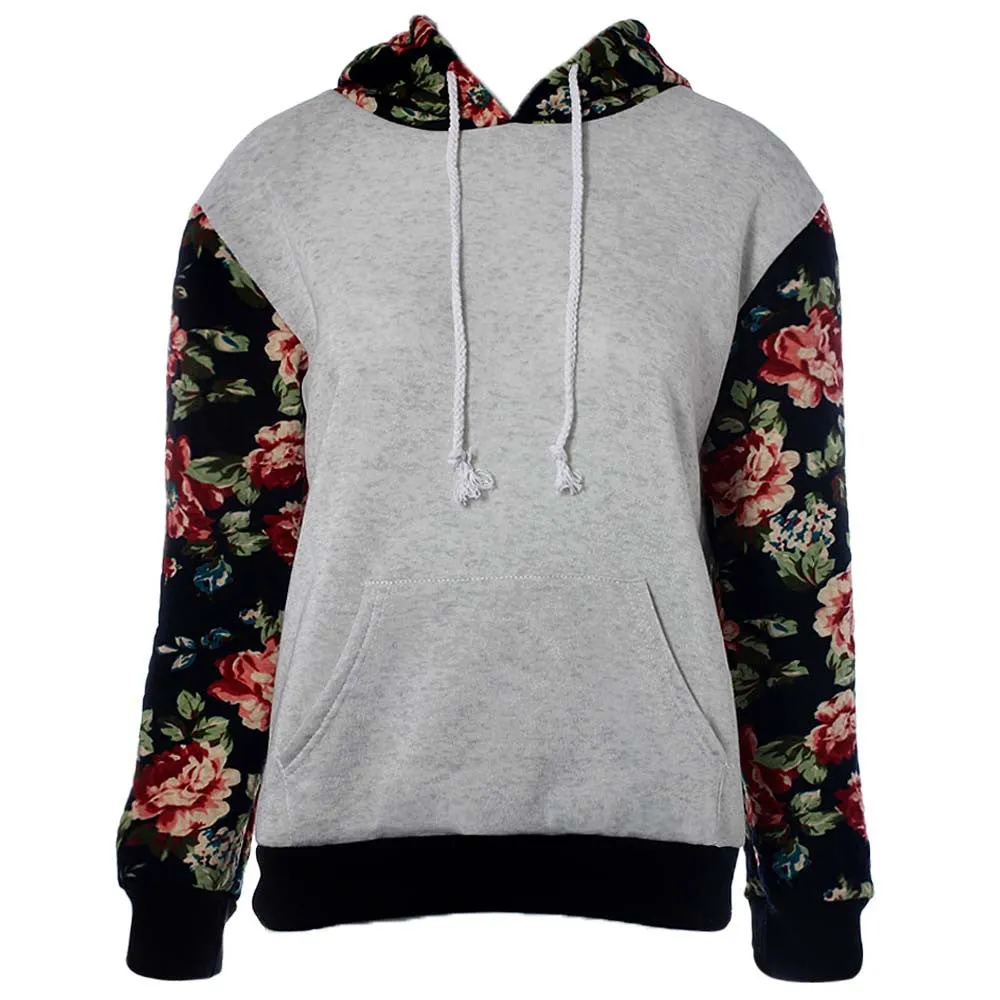 Feida Women Long Sleeve Hooded Jacket Loose Warm Hoodies Floral Sweatshirt Plus Size Pullover Tops