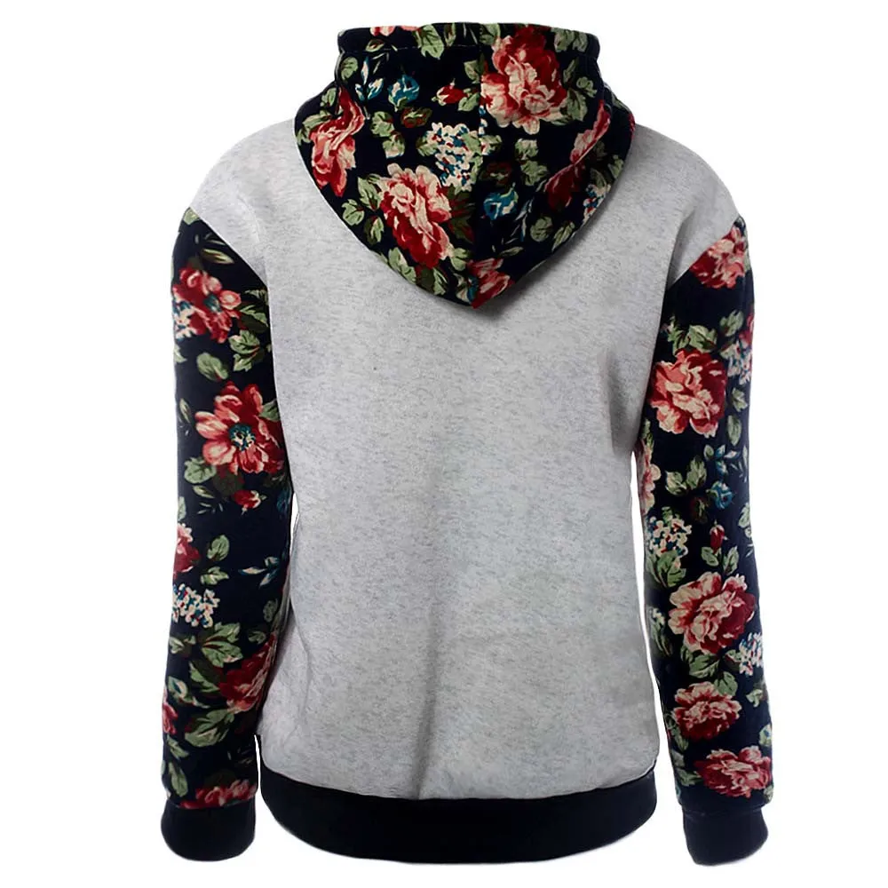 Feida Women Long Sleeve Hooded Jacket Loose Warm Hoodies Floral Sweatshirt Plus Size Pullover Tops