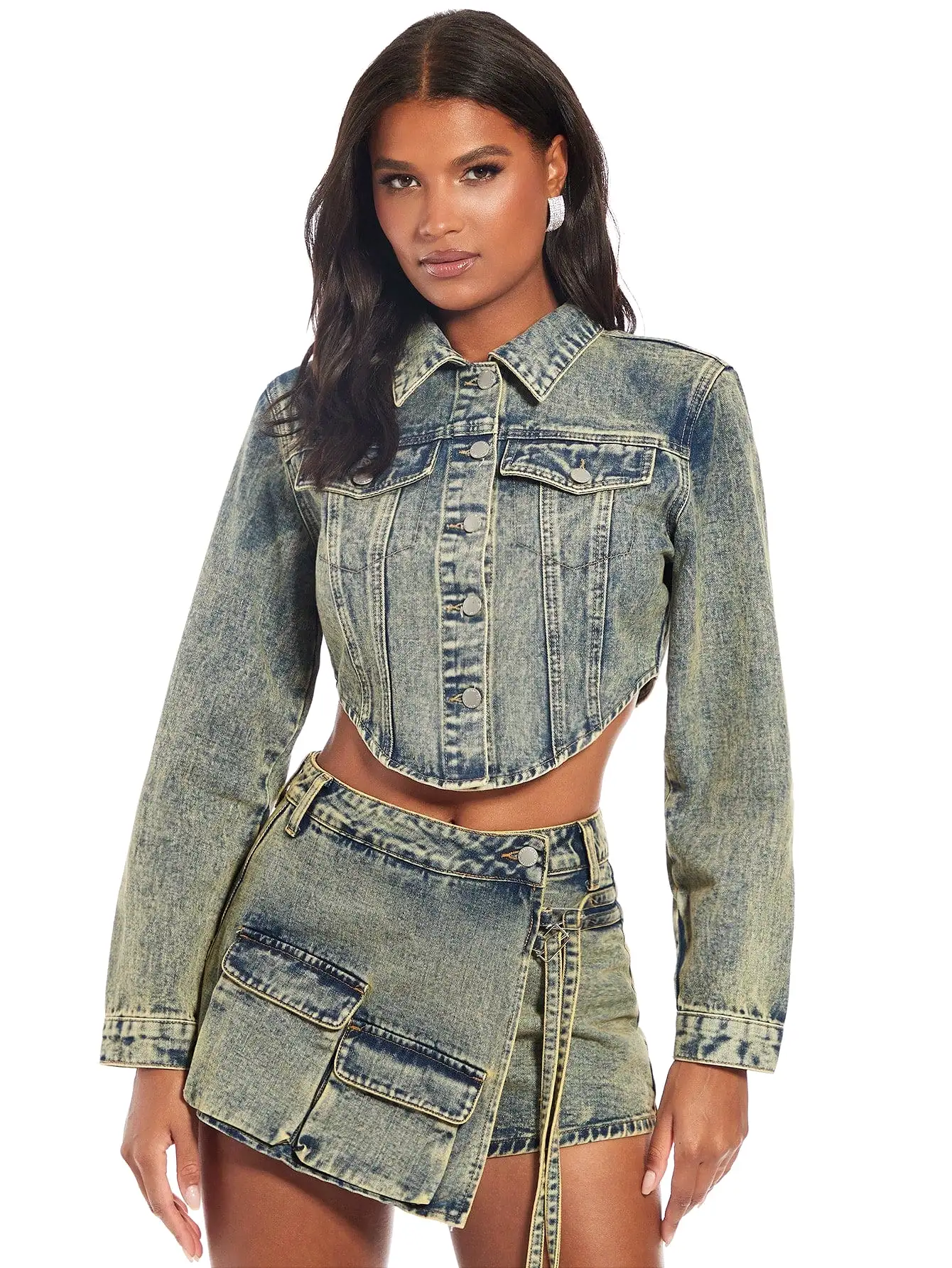 Flap Pocket Curved Hem Crop Denim Jacket