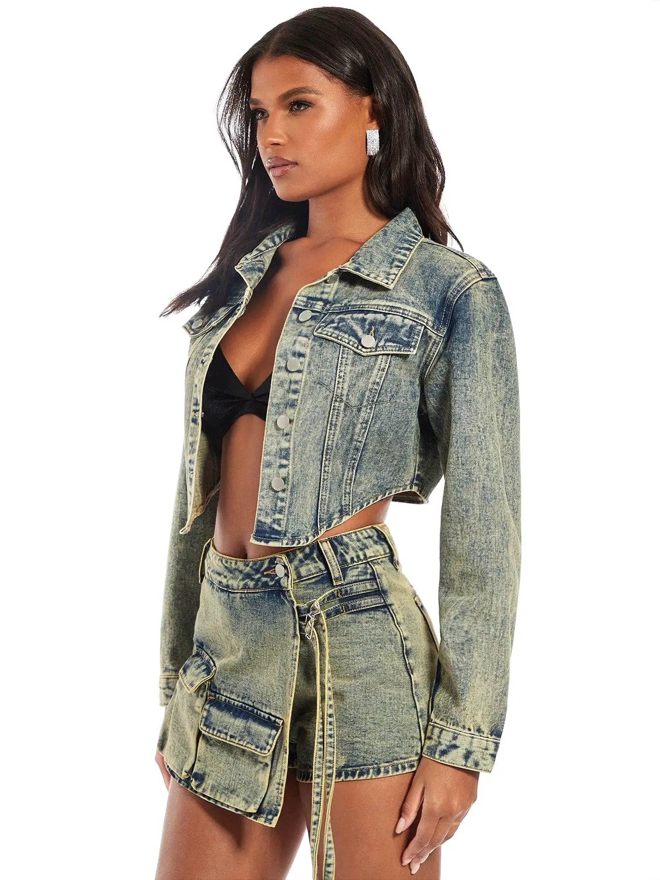 Flap Pocket Curved Hem Crop Denim Jacket