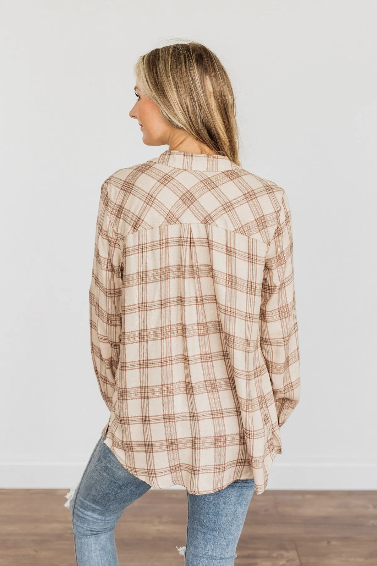 For A Rainy Day Button Down Plaid Top- Oatmeal, Taupe & Mocha