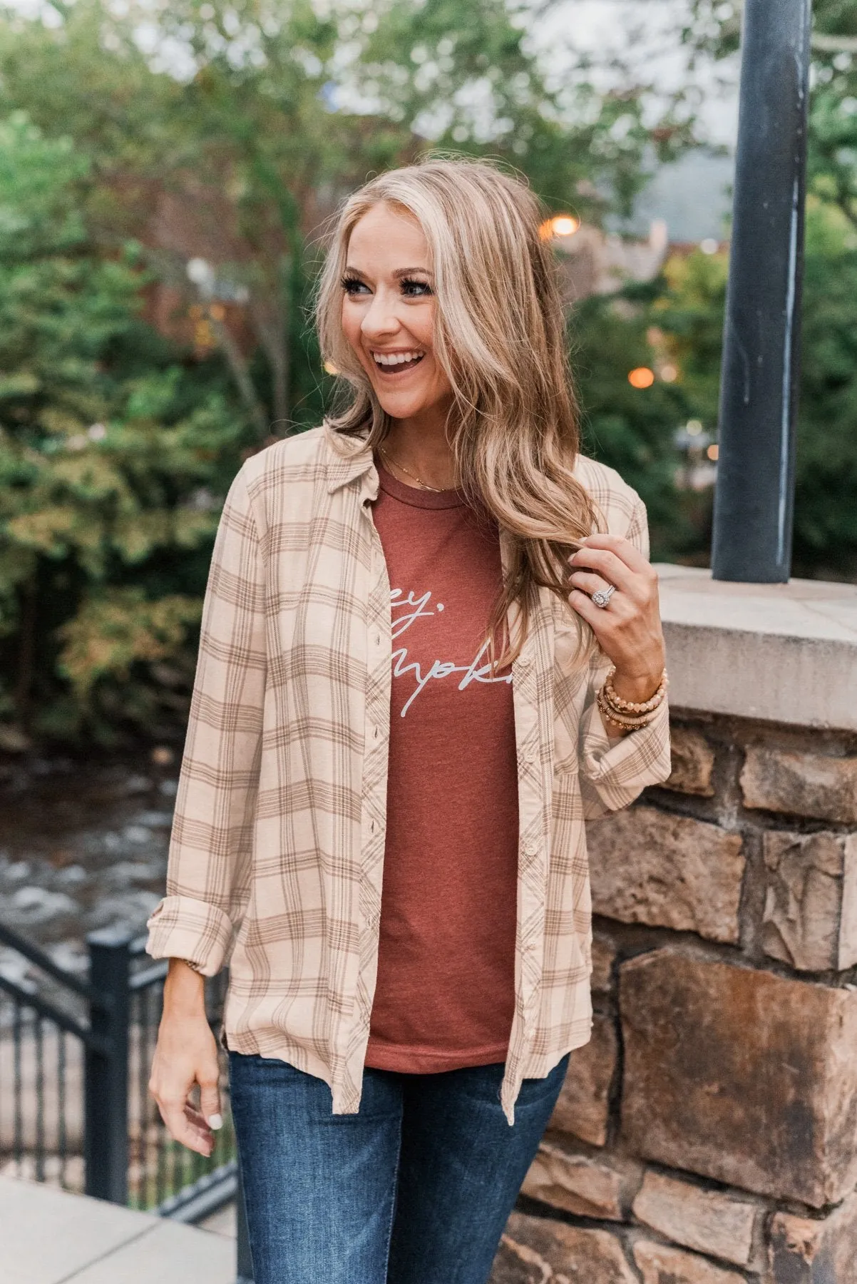 For A Rainy Day Button Down Plaid Top- Oatmeal, Taupe & Mocha