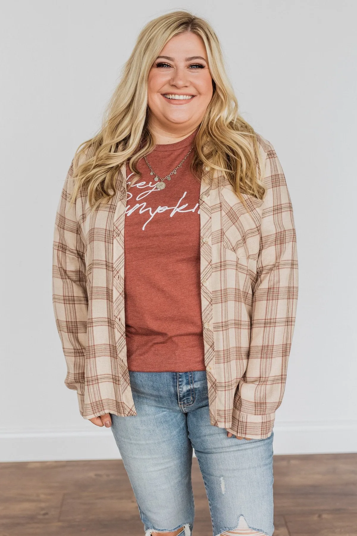 For A Rainy Day Button Down Plaid Top- Oatmeal, Taupe & Mocha