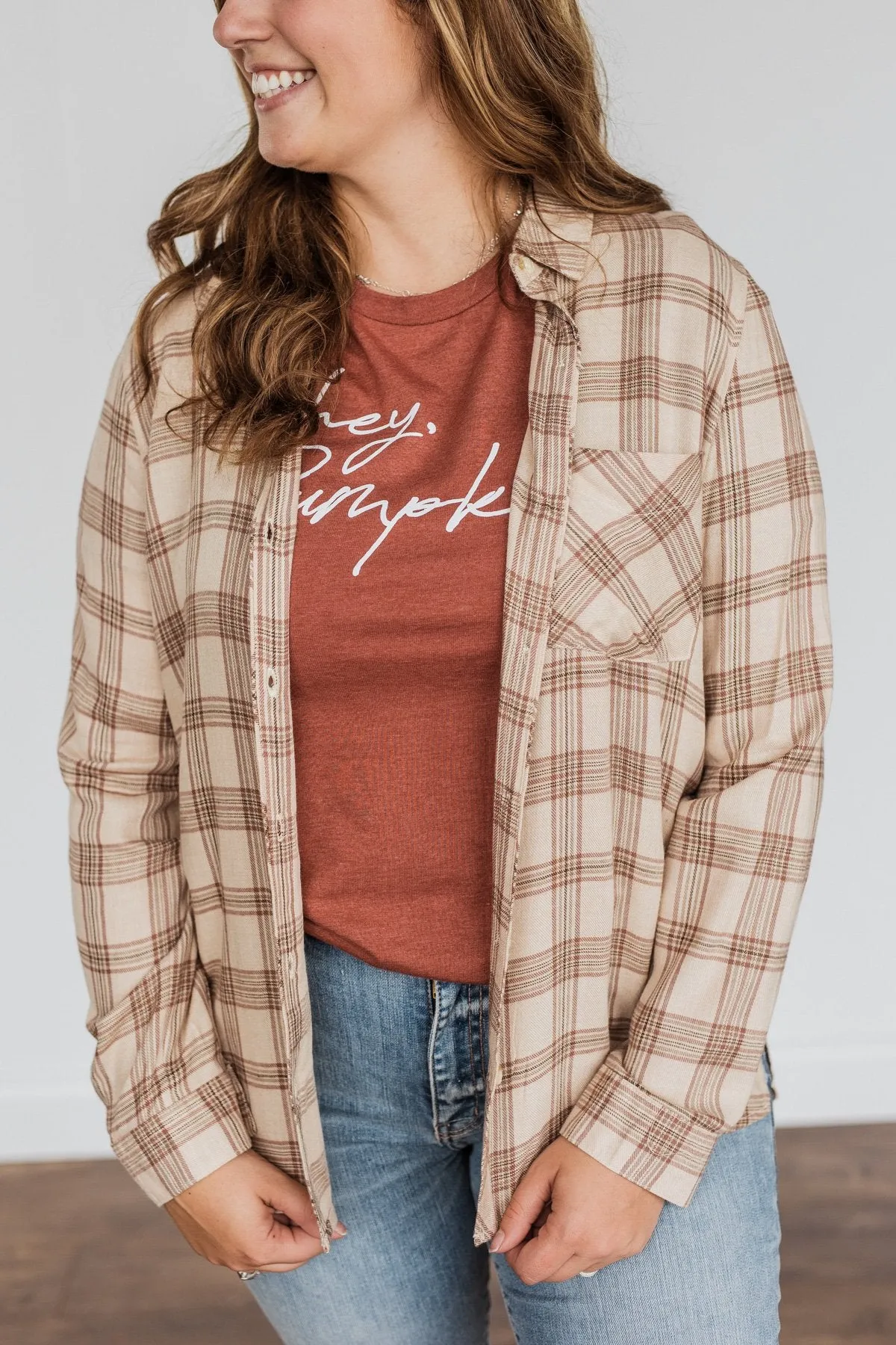 For A Rainy Day Button Down Plaid Top- Oatmeal, Taupe & Mocha