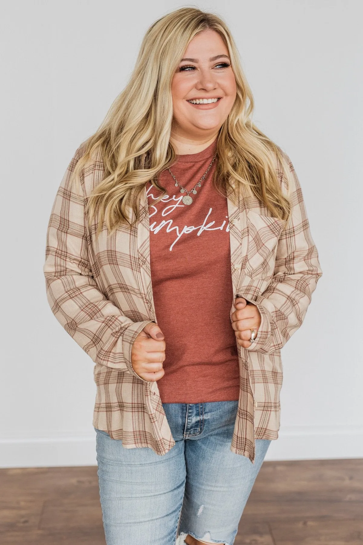 For A Rainy Day Button Down Plaid Top- Oatmeal, Taupe & Mocha