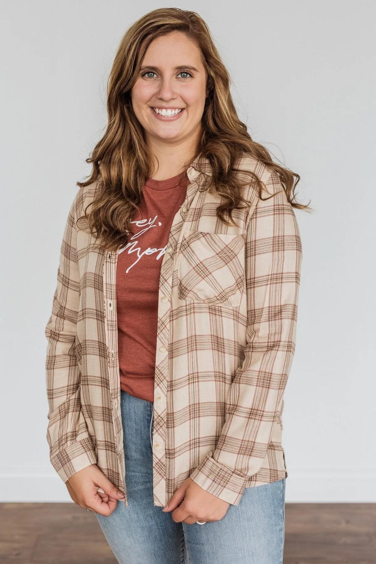 For A Rainy Day Button Down Plaid Top- Oatmeal, Taupe & Mocha