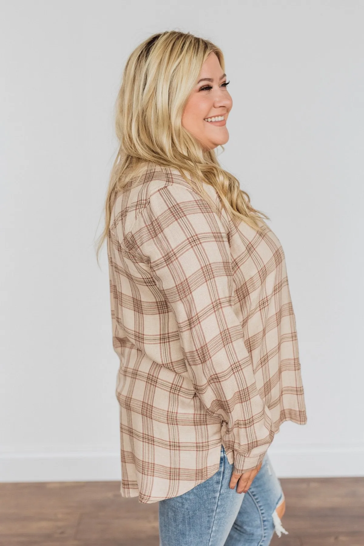 For A Rainy Day Button Down Plaid Top- Oatmeal, Taupe & Mocha