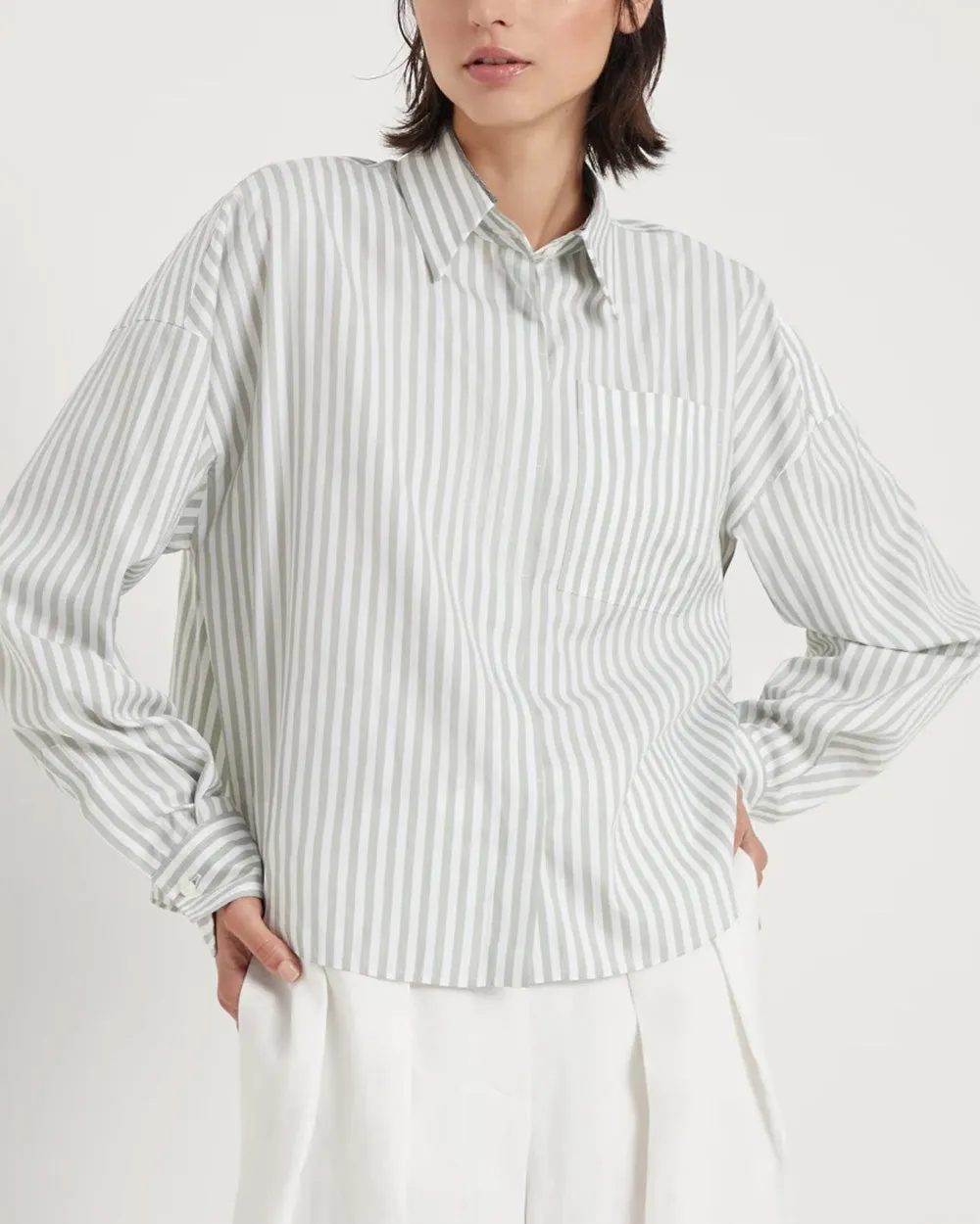 Green and White Stripe Silk Blouse