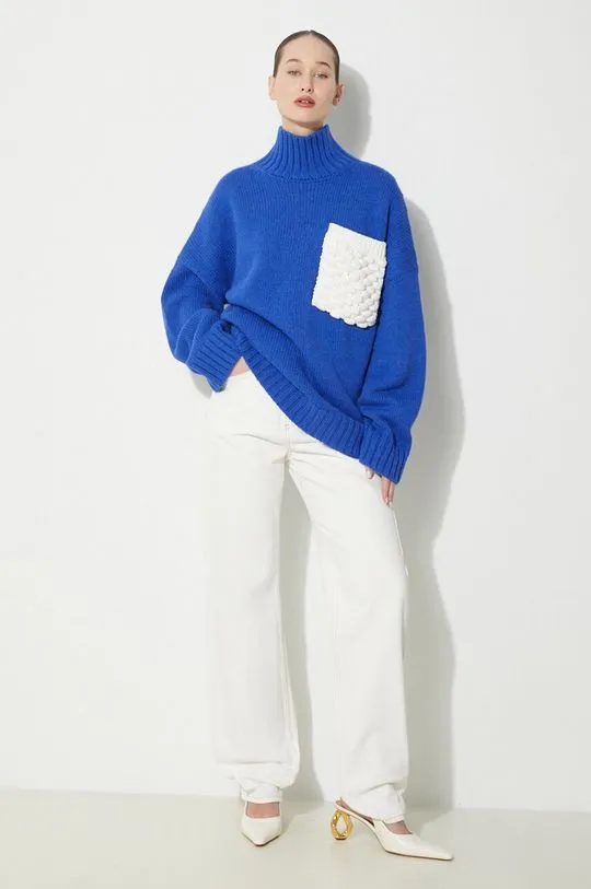 JW Anderson wool jumper Textured Patch Pocket Turtleneck Jumper women’s blue color KW1150.YN0144.823