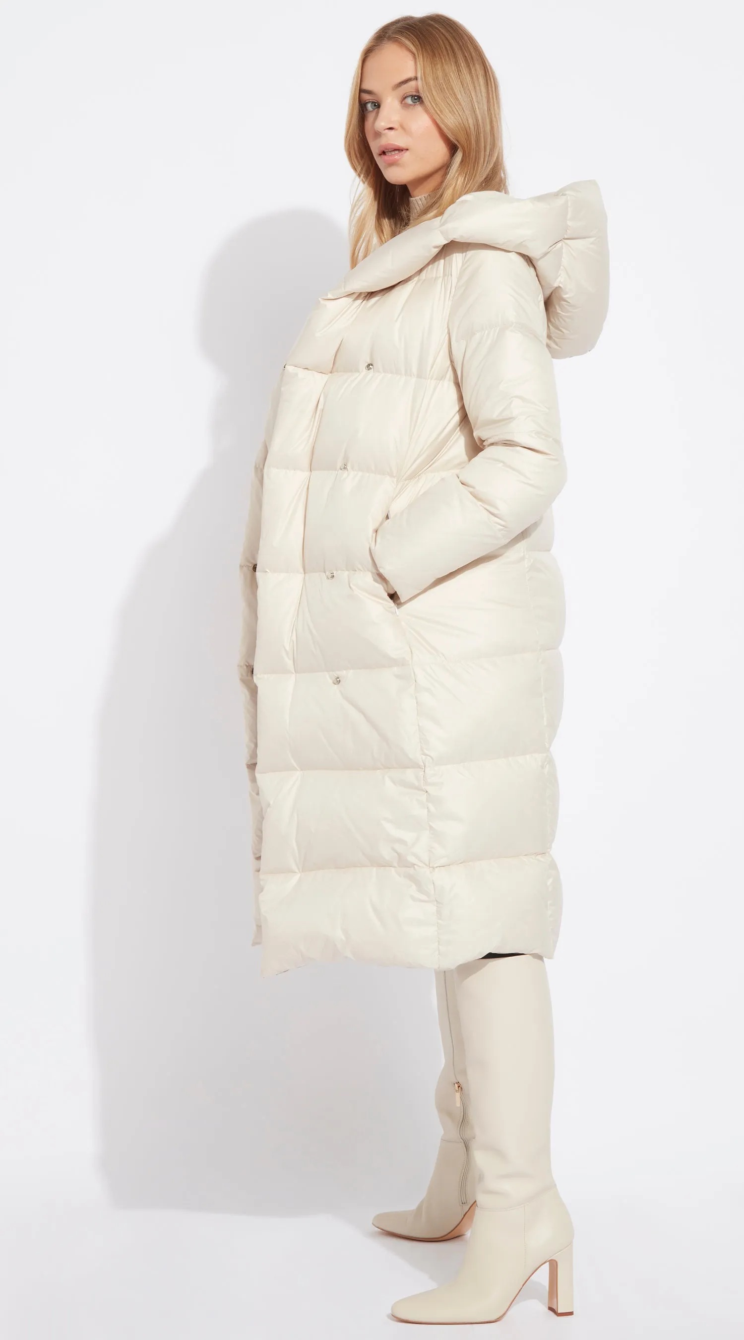 Luxy Long Hooded Down Coat - Ecru