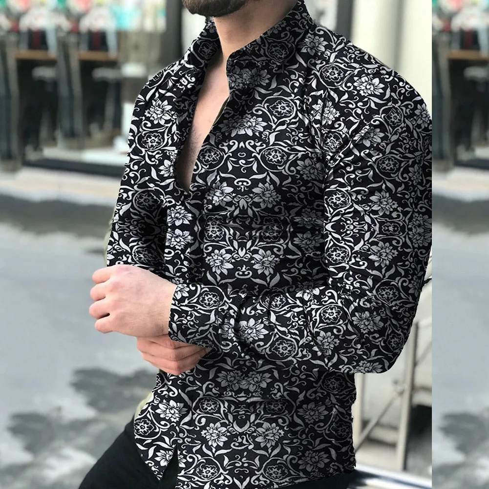 Men's Casual Floral Printed Pattern Turn Down Collar Long Sleeve Shirt