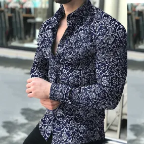 Men's Casual Floral Printed Pattern Turn Down Collar Long Sleeve Shirt