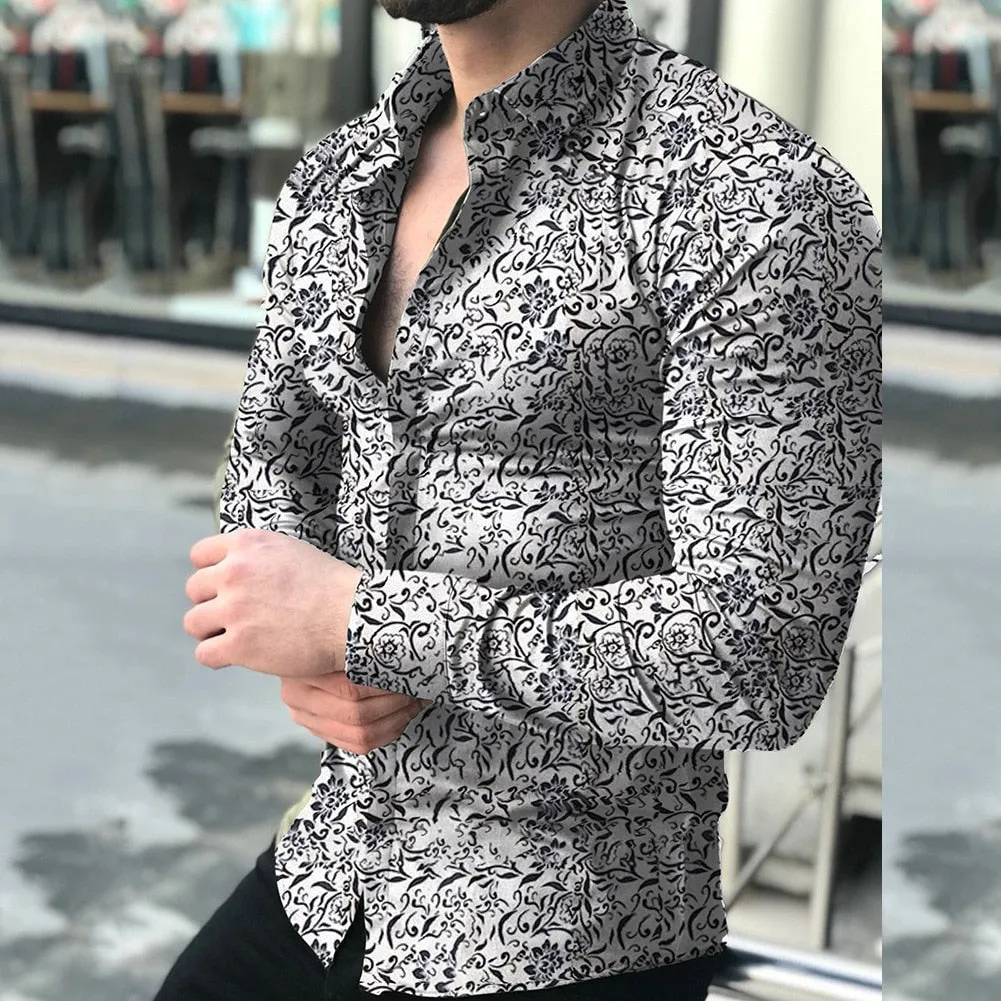 Men's Casual Floral Printed Pattern Turn Down Collar Long Sleeve Shirt