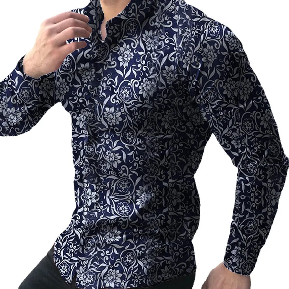 Men's Casual Floral Printed Pattern Turn Down Collar Long Sleeve Shirt