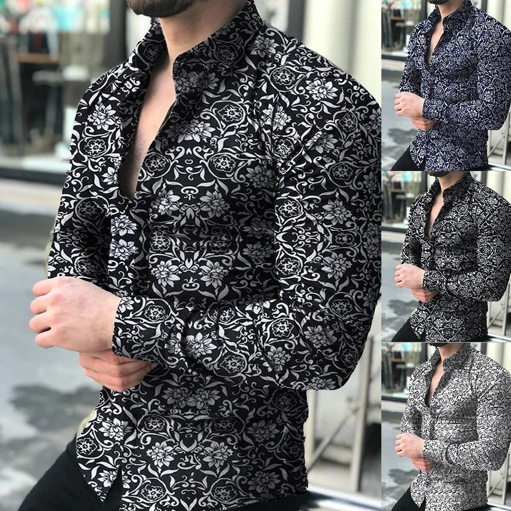 Men's Casual Floral Printed Pattern Turn Down Collar Long Sleeve Shirt